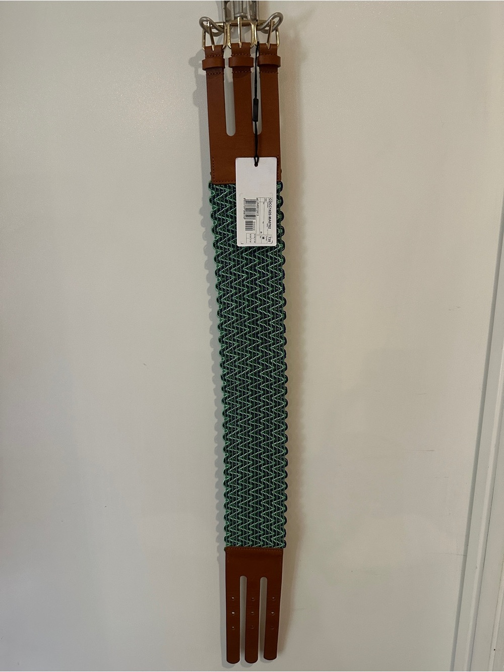 Missoni Green Woven Elastic Belt with Brown Leather Tabs